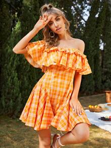 SHEIN Vestido de cuadros ribete con fruncido de hombros descubiertos - Naranja - Ver 1