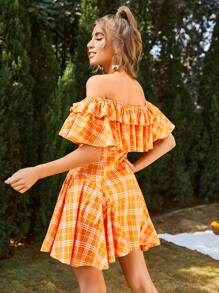 SHEIN Vestido de cuadros ribete con fruncido de hombros descubiertos - Naranja - Ver 2