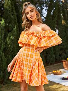 SHEIN Vestido de cuadros ribete con fruncido de hombros descubiertos - Naranja - Ver 3