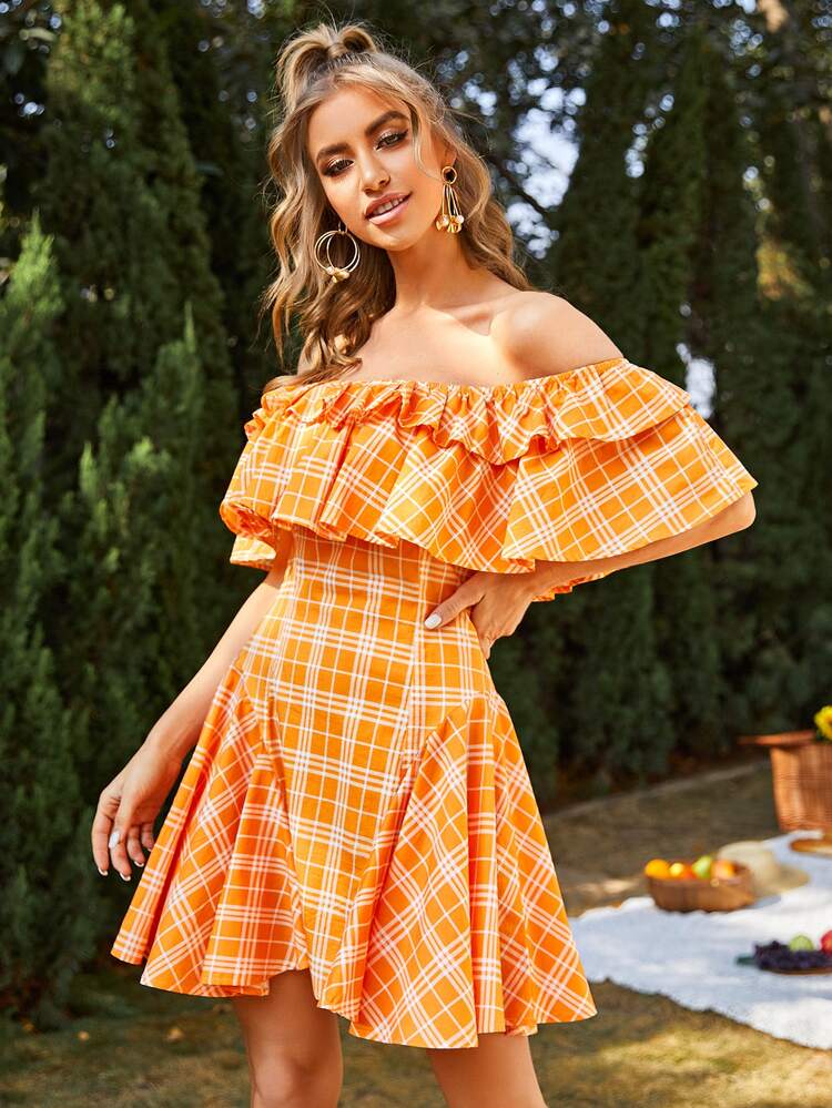 SHEIN Vestido de cuadros ribete con fruncido de hombros descubiertos - Naranja - Añade 3