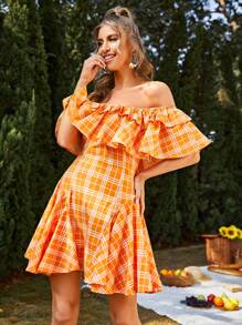 SHEIN Vestido de cuadros ribete con fruncido de hombros descubiertos - Naranja - Ver 4