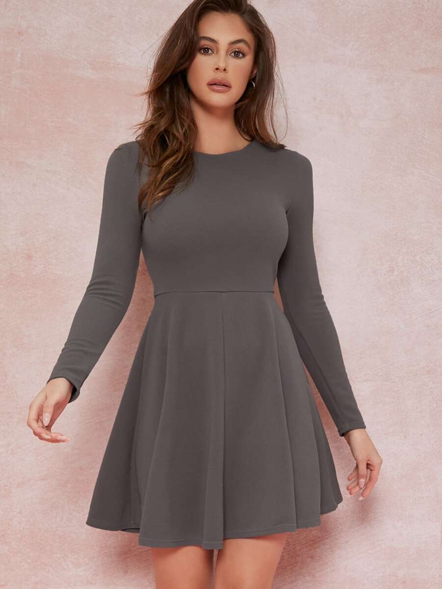 SHEIN Long Sleeve Fit-and-Flare Mini Skater Dress - Dark Grey - View 1
