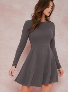 SHEIN Long Sleeve Fit-and-Flare Mini Skater Dress - Dark Grey - View 3