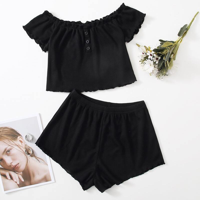 

Frill Trim Rib-knit Lounge Set, Black