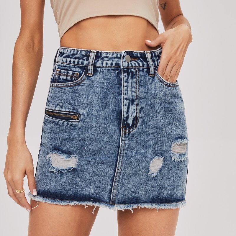 

Raw Hem Ripped Denim Skirt, Medium wash