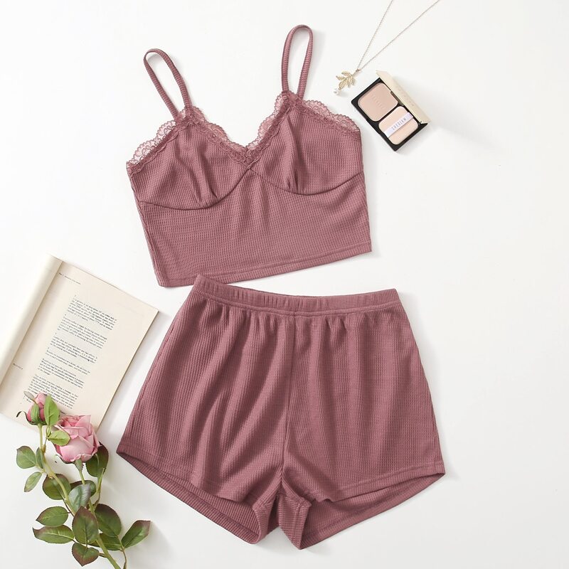 

Rib Knit Lace Trimed Lounge Set, Redwood