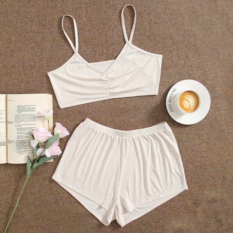 

Solid Rib Knit Lounge Set, Beige