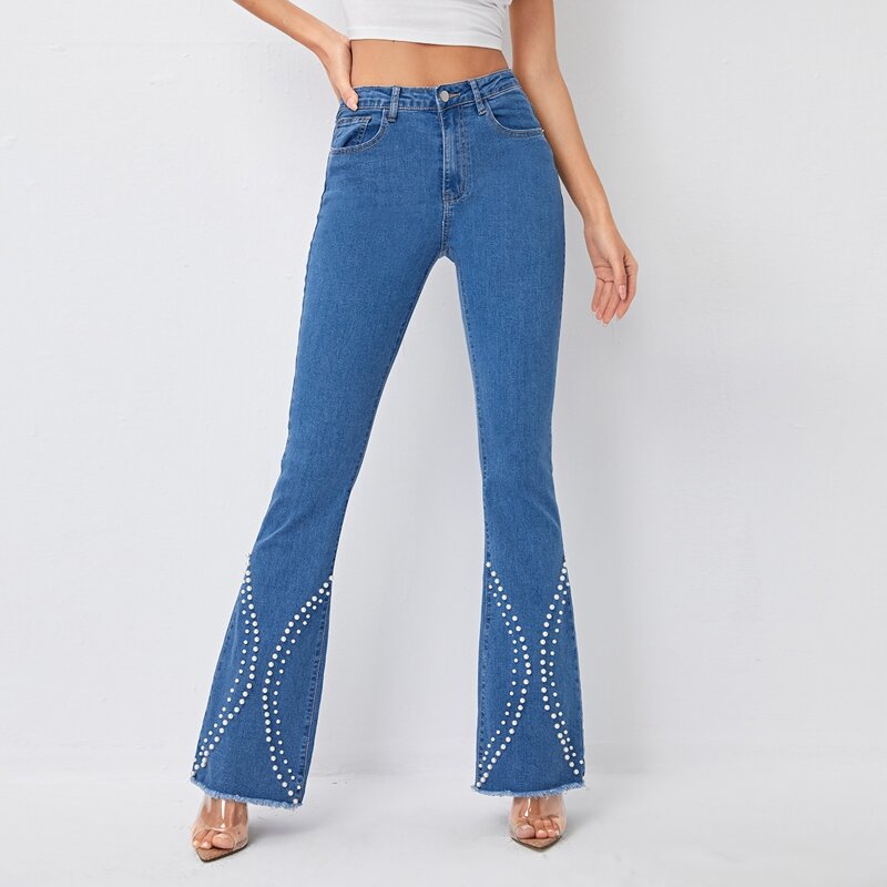 

High Waist Pearl Beaded Flare Leg Jeans, Medium wash