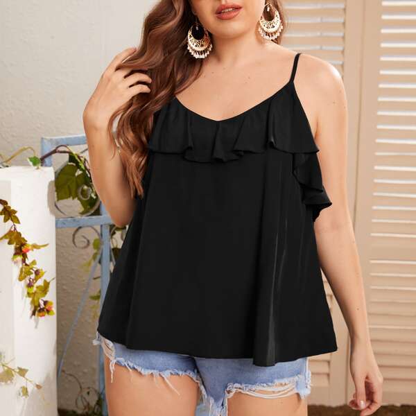 

Plus Solid Ruffle Trimed Cami Top, Black