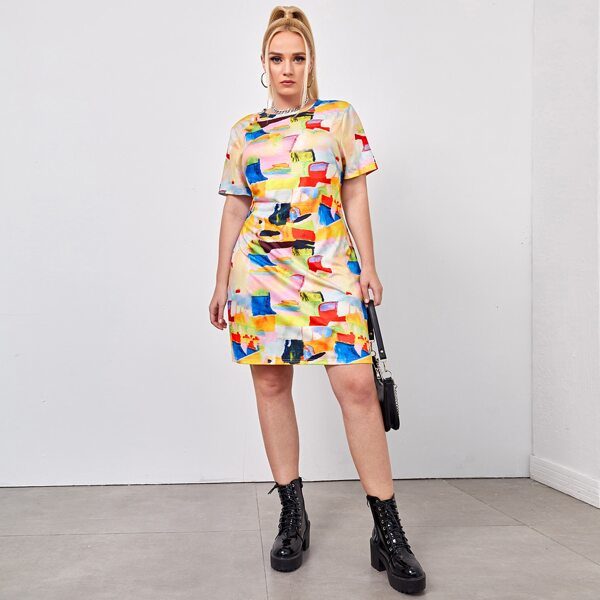 

Plus Allover Print Fitted Dress, Multicolor