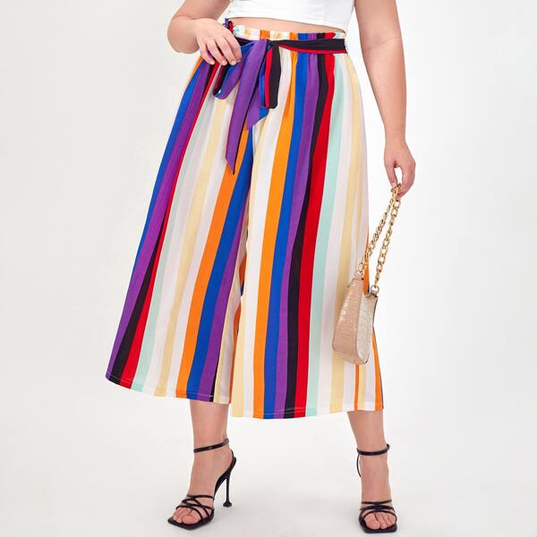 

Plus Striped Wide Leg Belted Pants, Multicolor