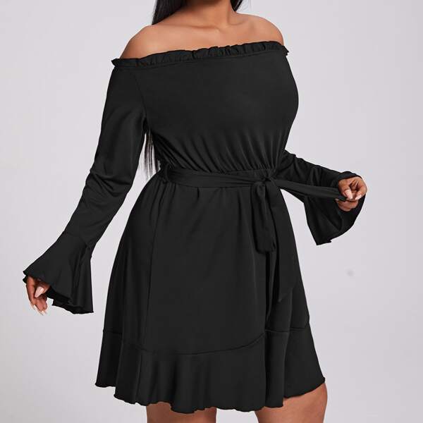 

Plus Off Shoulder Belted A-line Dress, Black