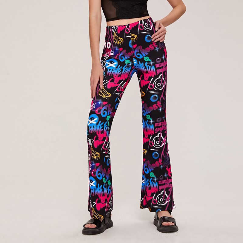 

Elastic Waist Cartoon Graphic Flare Leg Pants, Multicolor