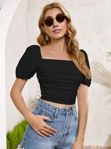 SHEIN BAE 繫帶後前抽褶短版上衣 - 黑色 - 查看 3