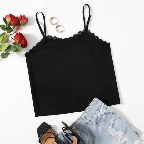 

Solid Guipure Lace Trim Cami Top, Black