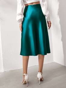 SHEIN Solid Satin Midi Skirt - Dark Green - View 2