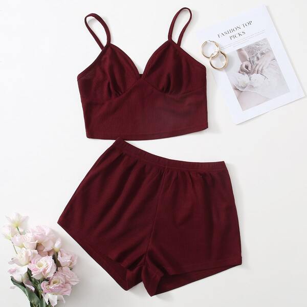 

Rib-knit Solid Cami Lounge Set, Burgundy