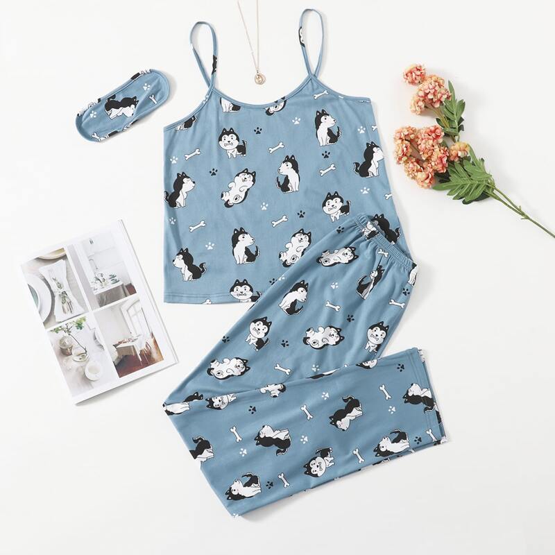 

Cartoon Dog Cami Pajama Set With Eye Mask, Dusty blue