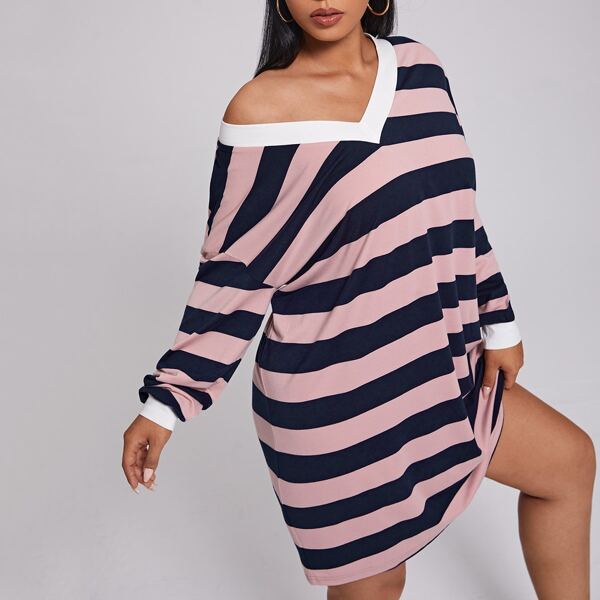 

Plus Striped Drop Shoulder Sweatshirt Dress, Multicolor