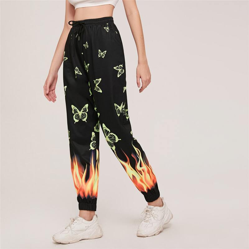 

Fire & Butterfly Print Sweatpants, Black