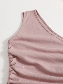 SHEIN BAE 單肩抽褶側結飾包臀連衣裙 - 淺粉色 - 查看 5
