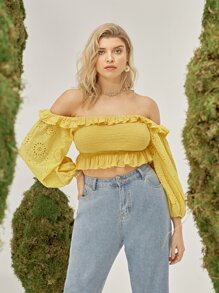 SHEIN Unity لباس علوي بحافة مكشكش مدرز ومكشوف الاكتاف مقاس كبير