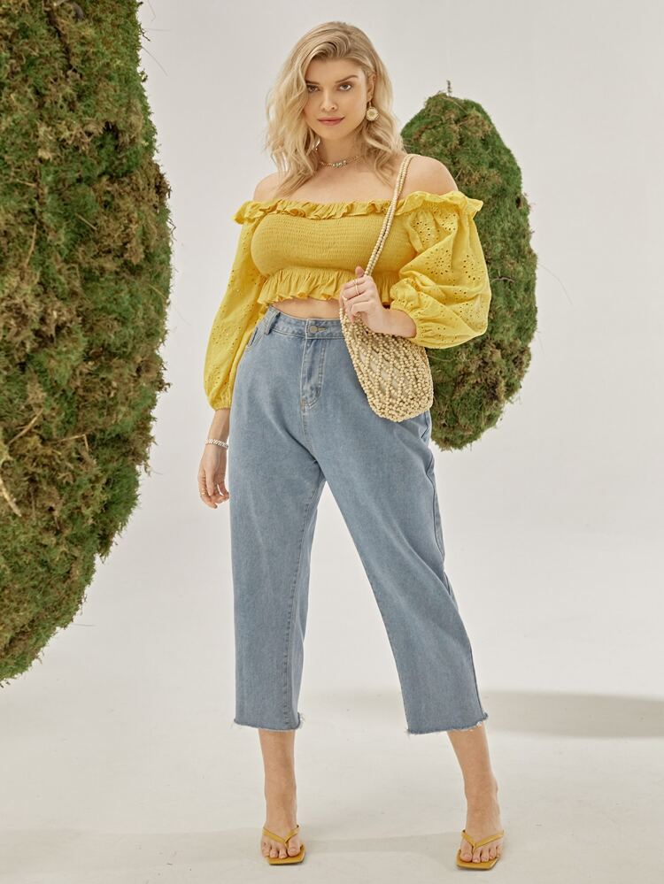 Plus Off Shoulder Shirred Ruffle Hem Top