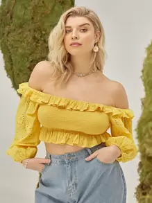 SHEIN Unity لباس علوي بحافة مكشكش مدرز ومكشوف الاكتاف مقاس كبير