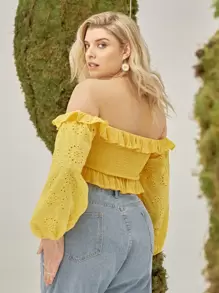 SHEIN Unity لباس علوي بحافة مكشكش مدرز ومكشوف الاكتاف مقاس كبير