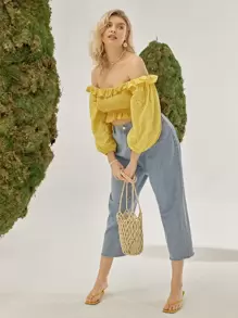 SHEIN Unity لباس علوي بحافة مكشكش مدرز ومكشوف الاكتاف مقاس كبير