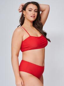 SHEIN Conjunto de bikini de talle alto talla grande para playa de verano - Rojo - Ver 3