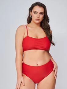 SHEIN Conjunto de bikini de talle alto talla grande para playa de verano - Rojo - Ver 4