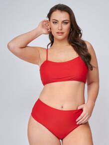 SHEIN Conjunto de bikini de talle alto talla grande para playa de verano - Rojo - Ver 5