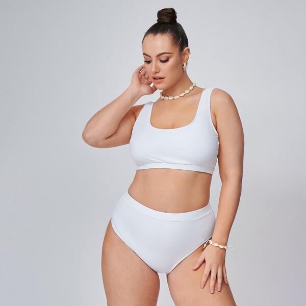 

Plus High Waisted Bikini Swimsuit, White