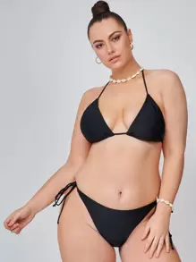 SHEIN Plus Size Triangle Tie Side Bikini Set Bãi biển mùa hè - màu đen - Xem 1