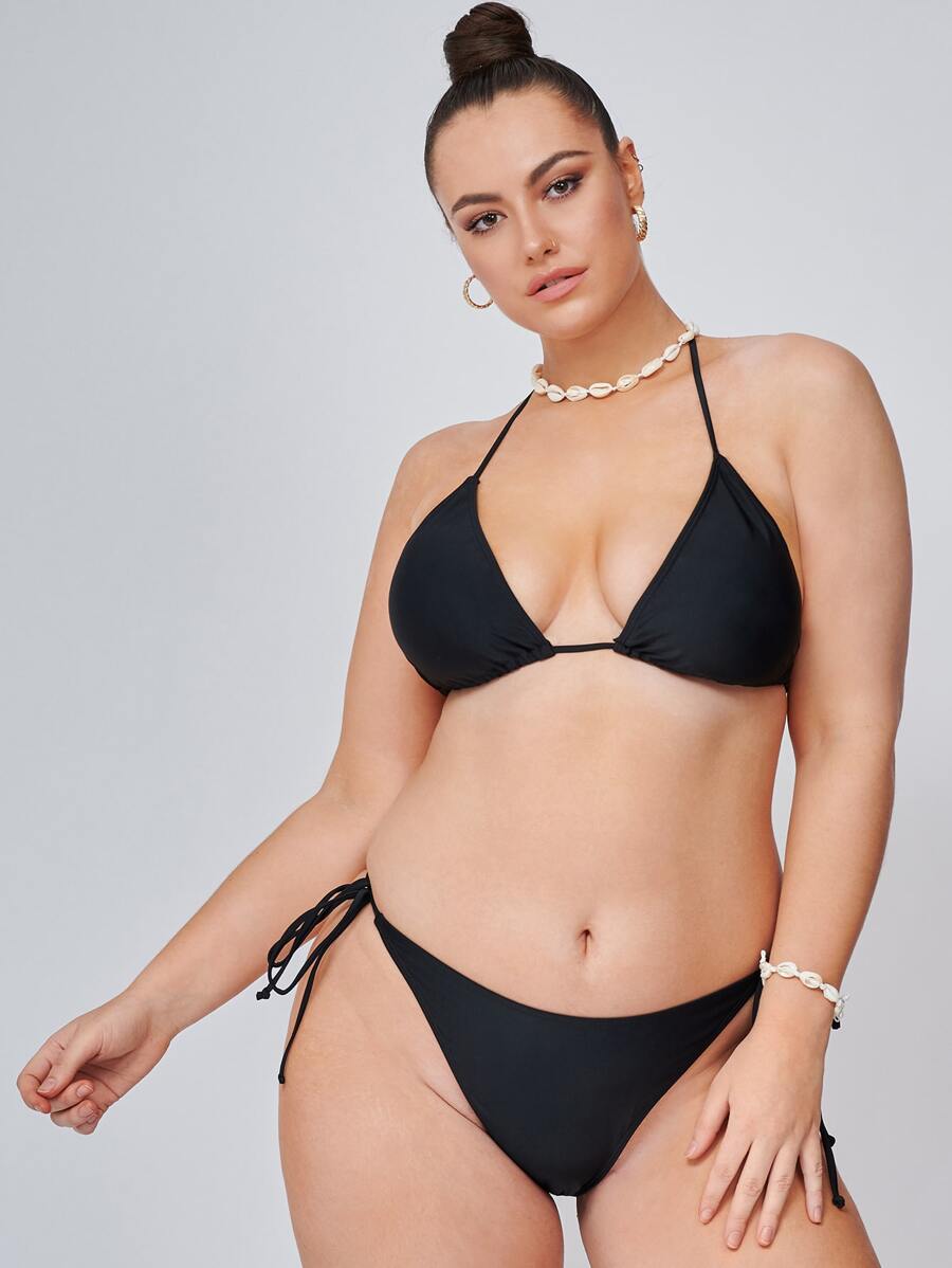 SHEIN Plus Size Triangle Tie Side Bikini Set Bãi biển mùa hè - màu đen - Xem 1
