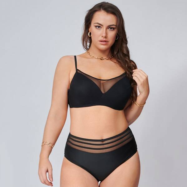 

Plus Mesh Trim Underwire Bikini Swimsuit, Black