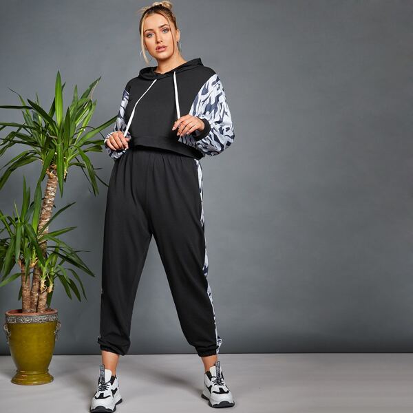 

Plus Drawstring Hoodie & Pants Sports Set, Black