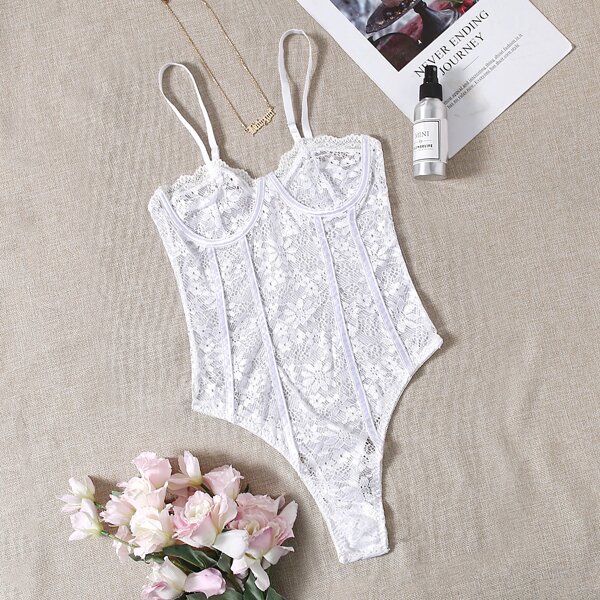

Floral Lace Underwire Teddy Bodysuit, White