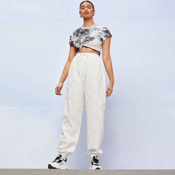 

Drawstring Waist Textured Pants, White