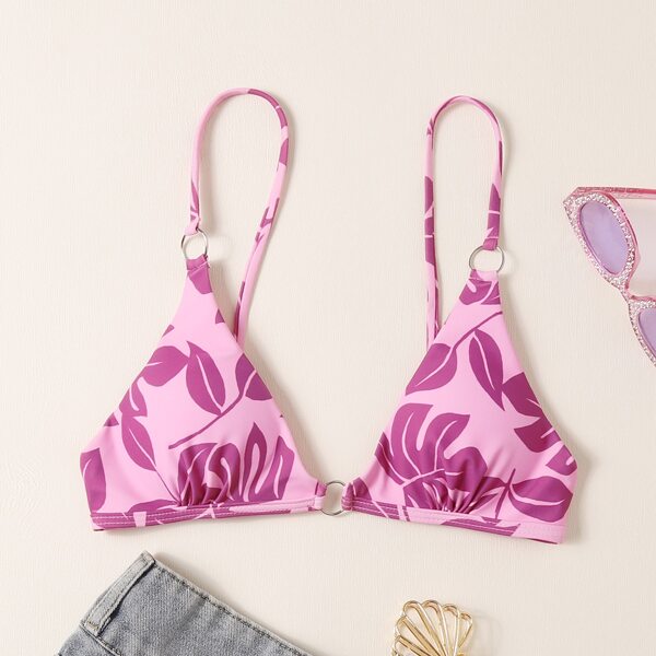 

Leaf Print Ring Linked Bikini Top, Pink