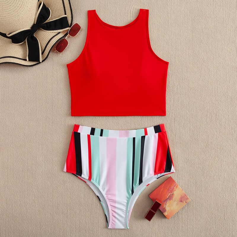 

Striped High Waisted Bikini Swimsuit, Multicolor