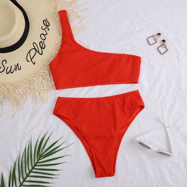 

Textured One Shoulder Bikini Swimsuit, Red