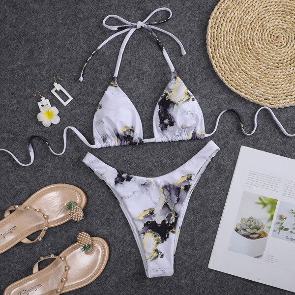 

Abstract Fluid Pattern Halter Bikini Swimsuit, Light grey