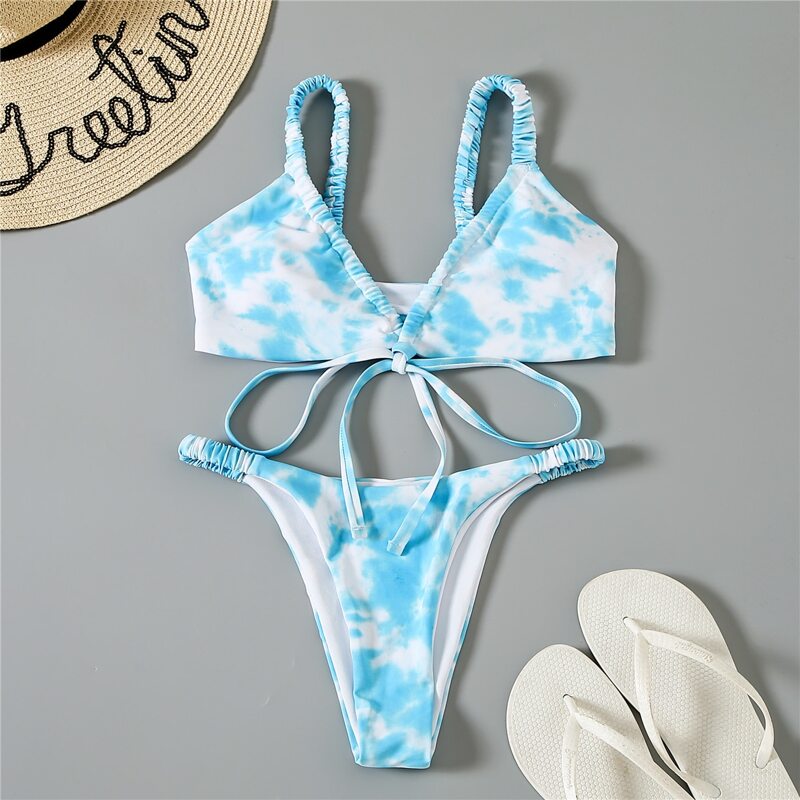 

Tie Dye Criss Cross High Cut Bikini Swimsuit, Blue and white