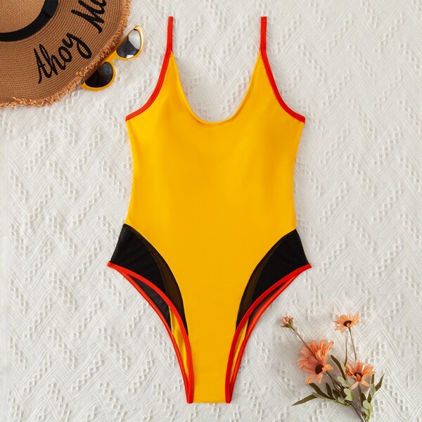 

Contrast Mesh One Piece Swimsuit, Multicolor