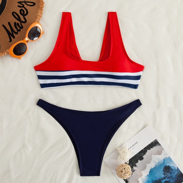 

Striped Cheeky Bikini Swimsuit, Multicolor