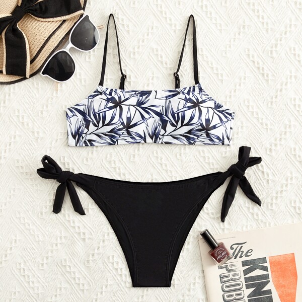 

Leaf Random Print Tie Side Bikini Swimsuit, Black and white
