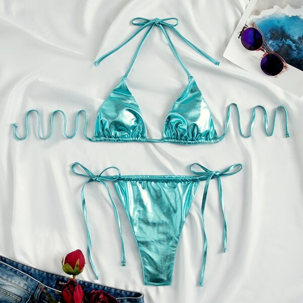 

Metallic Halter Tie Side Bikini Swimsuit, Blue