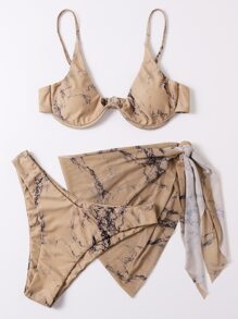 SHEIN Swim Summer Beach Marble Print Bikini Set Underwire Buckle Back Bra & High Cut Bottom & Beach Skirt 3 Piece Bathing Suit - Brown - View 5
